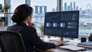 Document and transaction analysis on a screen in a Singapore office.